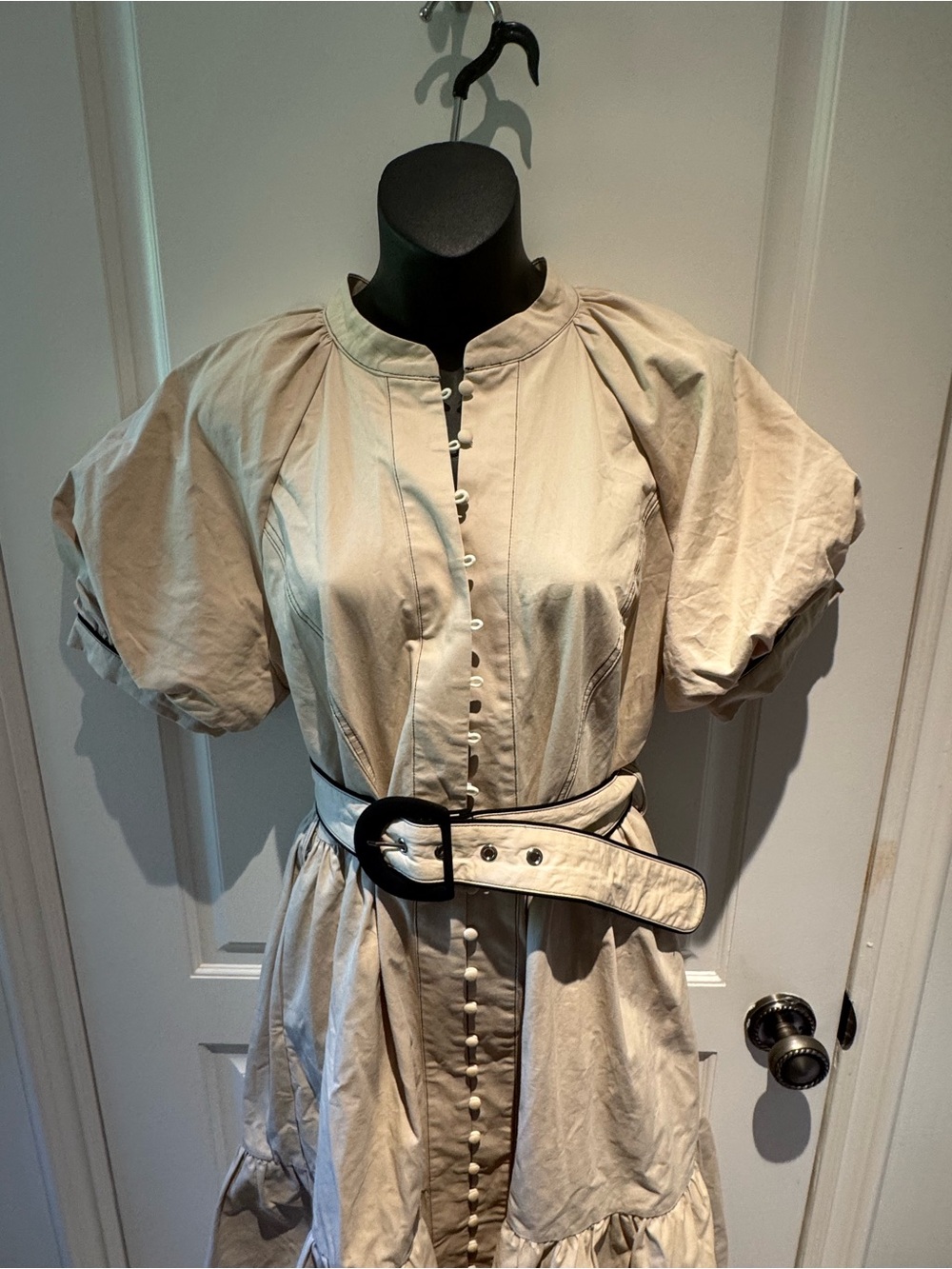 Brave true anthropologie Beige Button-Front Puff Sleeve Dress with Waist Belt